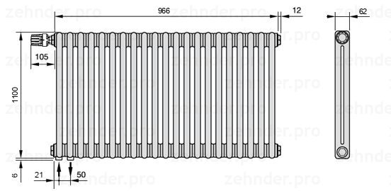Схема (чертеж) Радиатор Zehnder Charleston 2110/21 №V001 Белый глянцевый RAL 9016